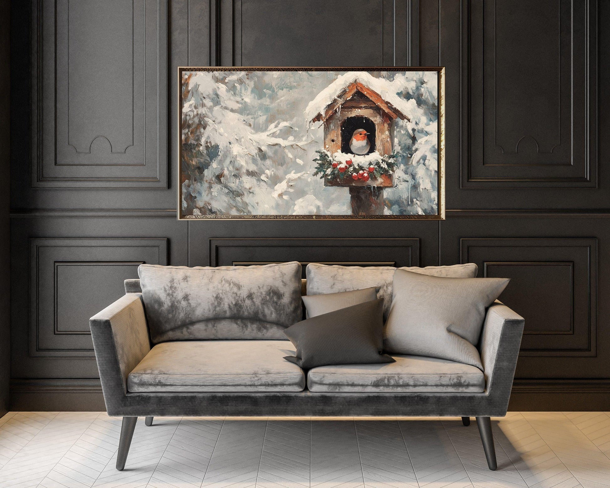 FRAME TV art Bird in Christmas Birdhouse, Neutral Winter Samsung Frame tv art vintage painting style, Cute red bird picture for kids | TV556