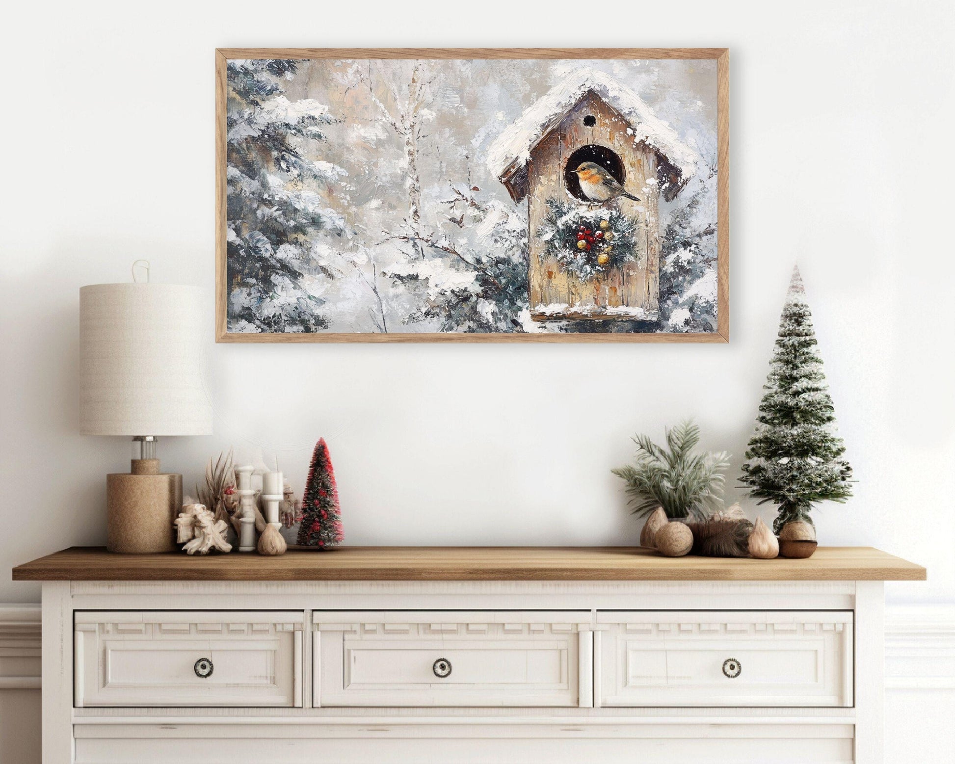 FRAME TV art Christmas Birdhouse in Snow, Neutral Winter Samsung Frame tv art vintage painting style, Cute red bird picture for kids | TV557