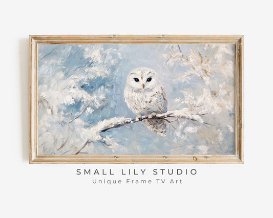 FRAME TV art Cute Snowy Owl in Winter Landscape, Pale Blue White Winter Tv art, Vintage style bird painting Samsung Frame tv art | TV558