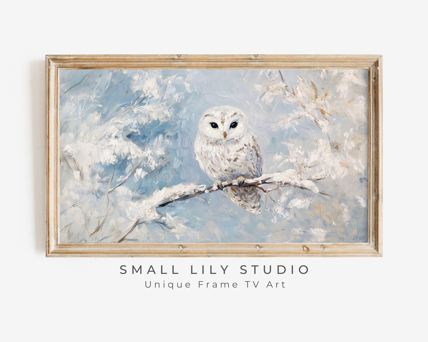 Cute Snowy Owl in Winter Landscape Frame TV Art