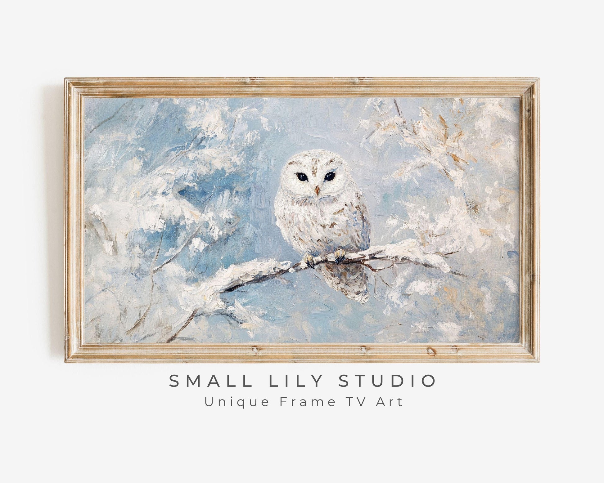 Cute Snowy Owl in Winter Landscape Frame TV Art