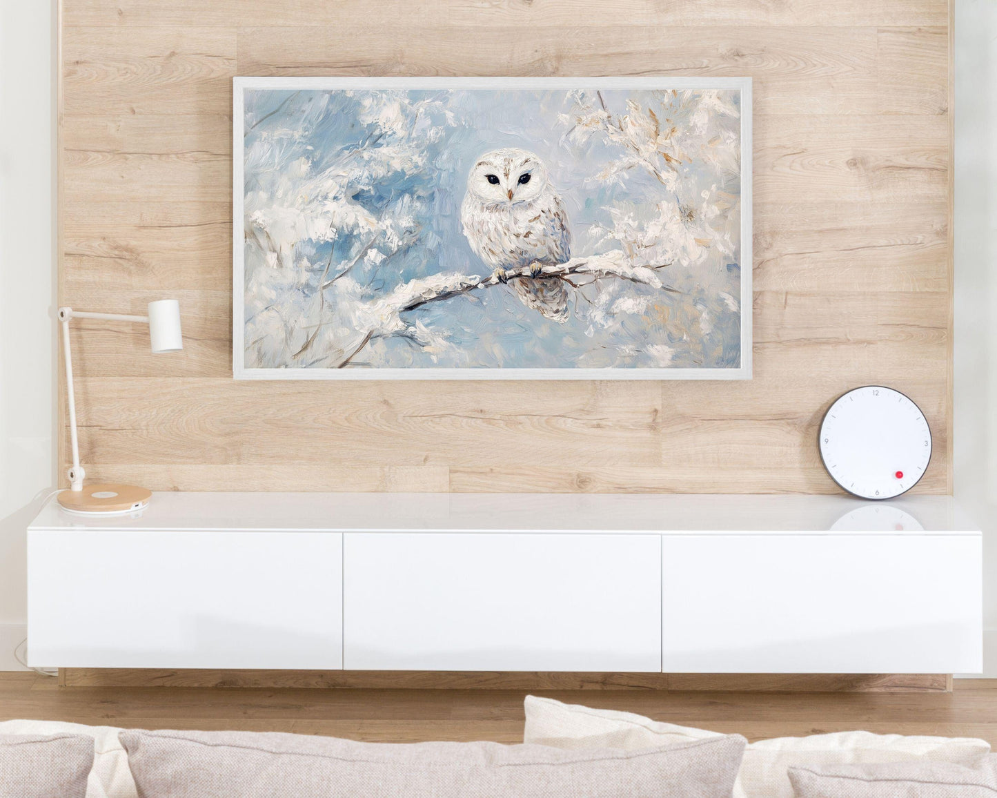 Cute Snowy Owl in Winter Landscape Frame TV Art
