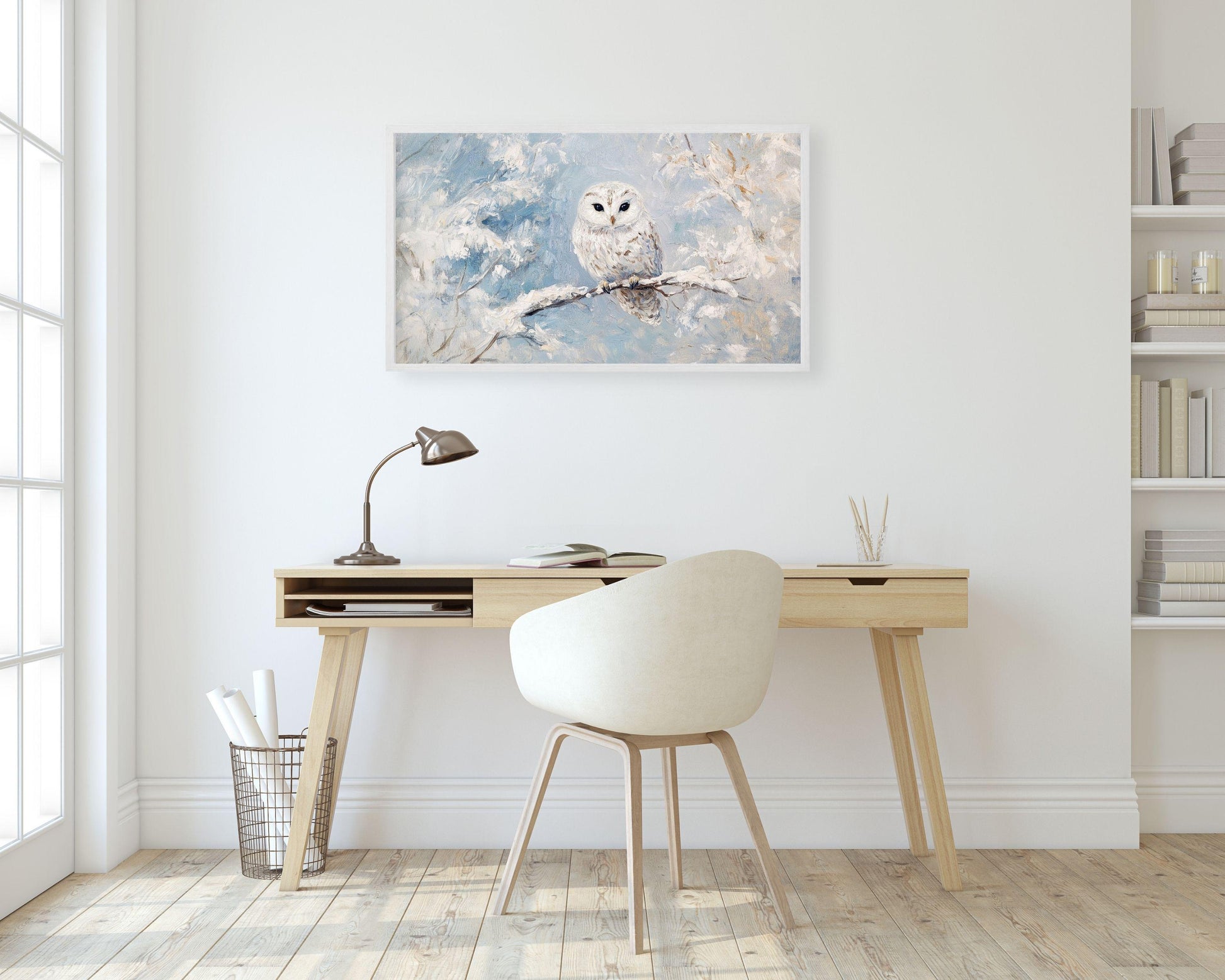 Cute Snowy Owl in Winter Landscape Frame TV Art