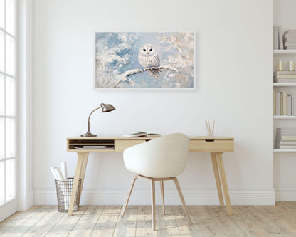 Cute Snowy Owl in Winter Landscape Frame TV Art
