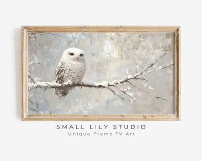 FRAME TV art Cute White Owl in Winter Landscape, Neutral Snowy Owl Tv artwork, Vintage style bird painting Samsung Frame tv art | TV559