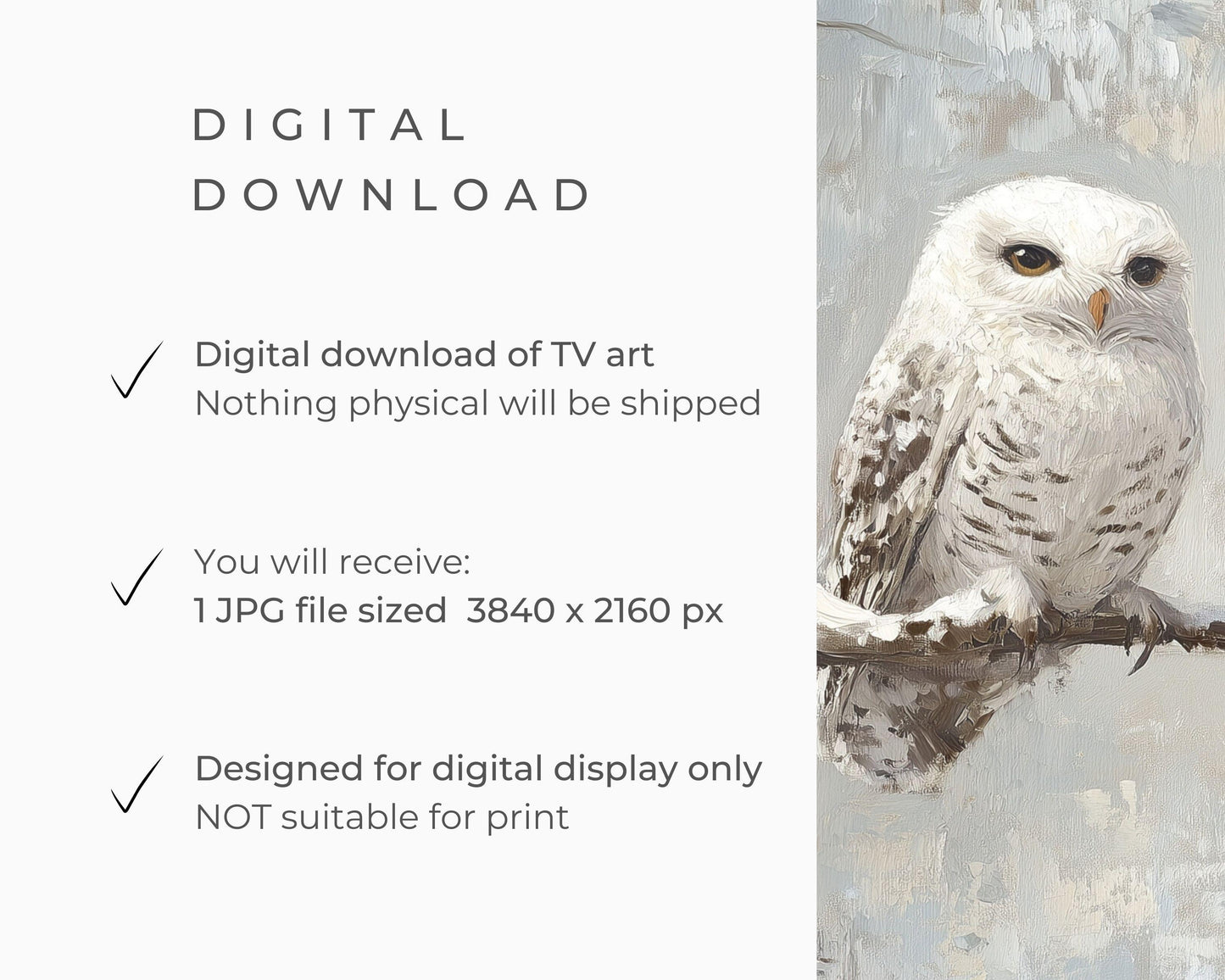 FRAME TV art Cute White Owl in Winter Landscape, Neutral Snowy Owl Tv artwork, Vintage style bird painting Samsung Frame tv art | TV559