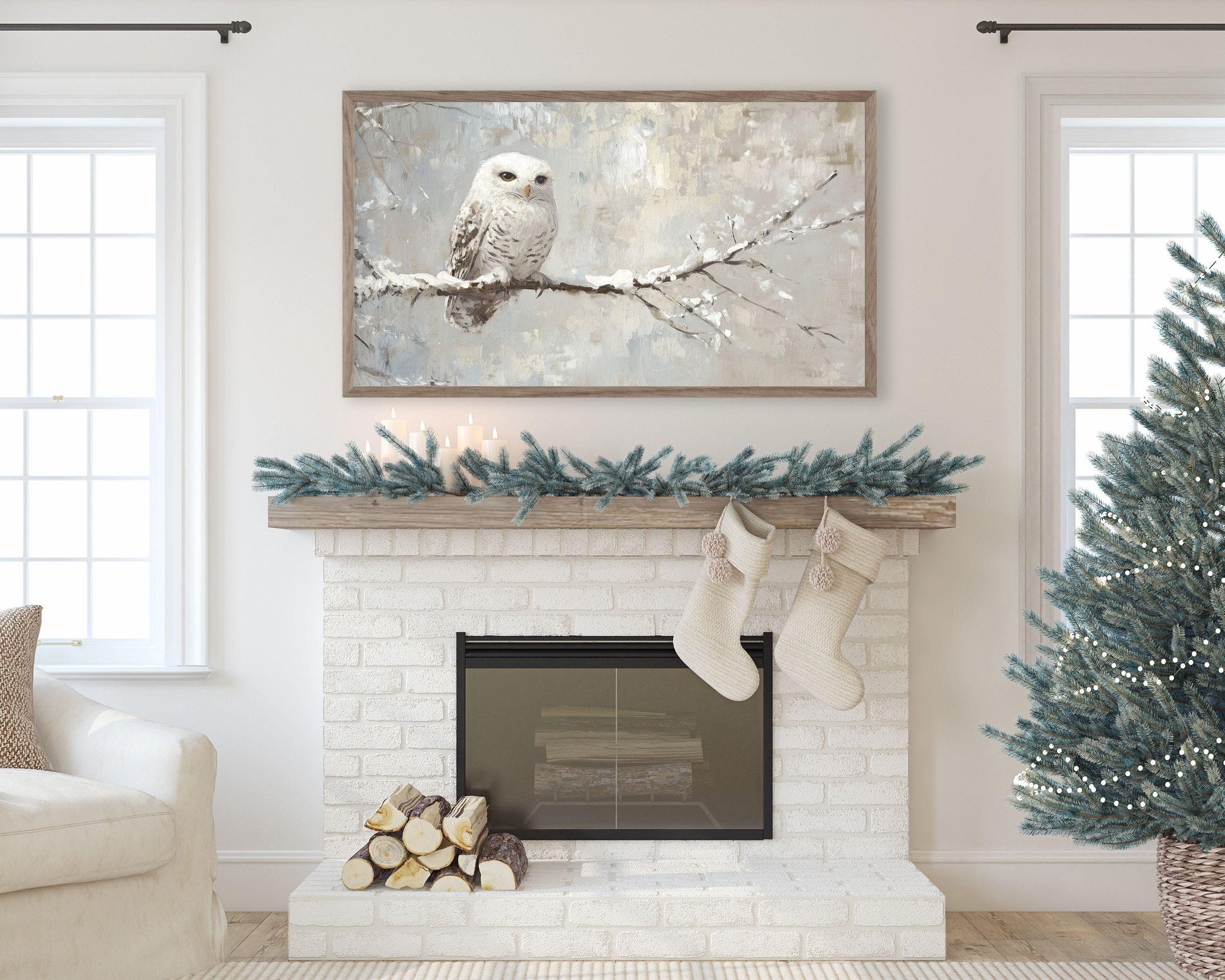 Cute White Owl in Winter Landscape Frame TV Art
