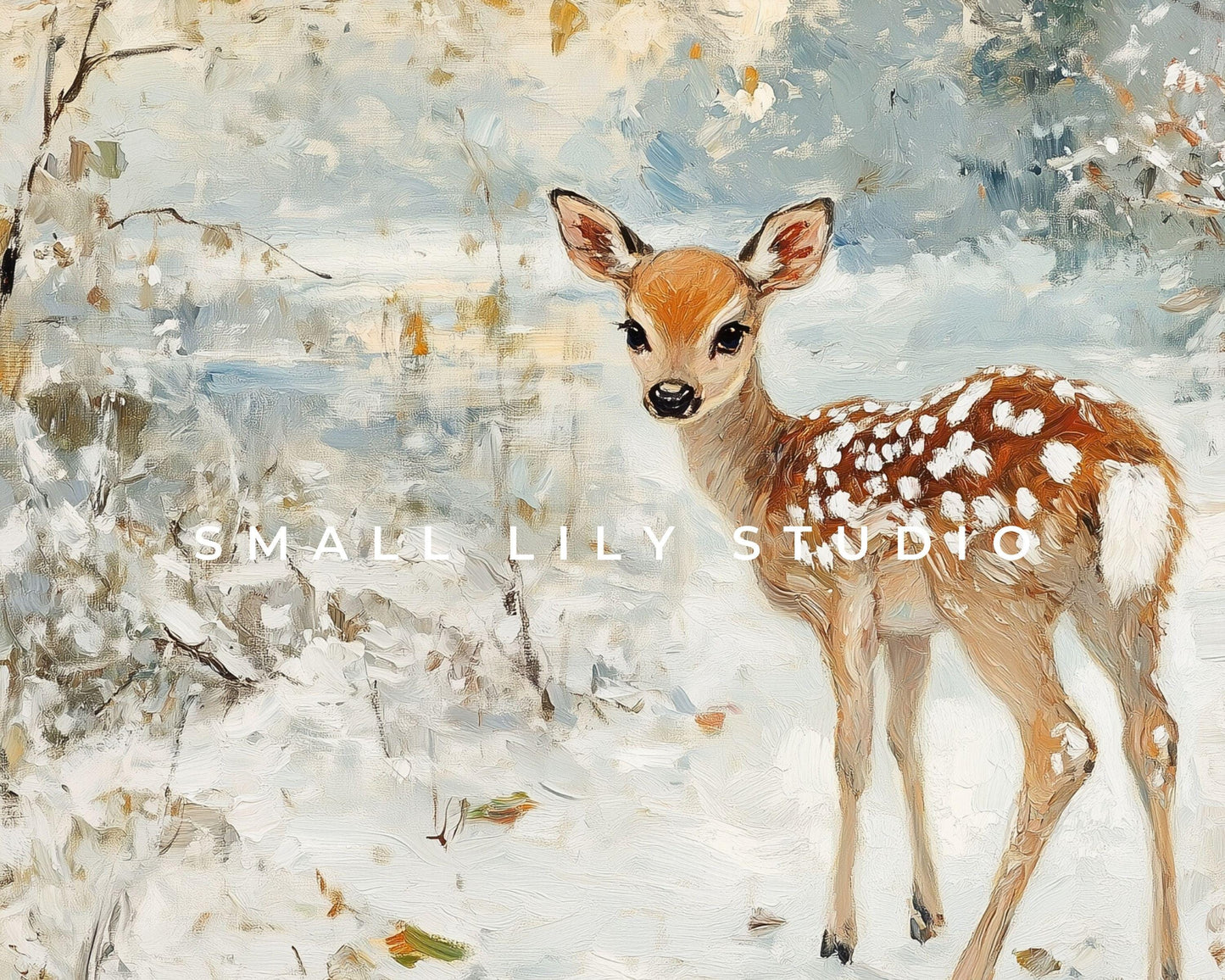 FRAME TV art Baby Deer in Snow, Neutral Winter Samsung Frame tv art vintage painting style, Cute animal TV screensaver for kids | TV560