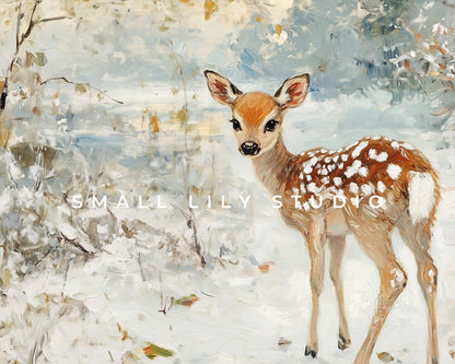 FRAME TV art Baby Deer in Snow, Neutral Winter Samsung Frame tv art vintage painting style, Cute animal TV screensaver for kids | TV560