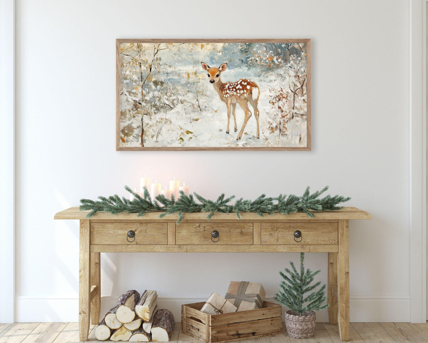 FRAME TV art Baby Deer in Snow, Neutral Winter Samsung Frame tv art vintage painting style, Cute animal TV screensaver for kids | TV560