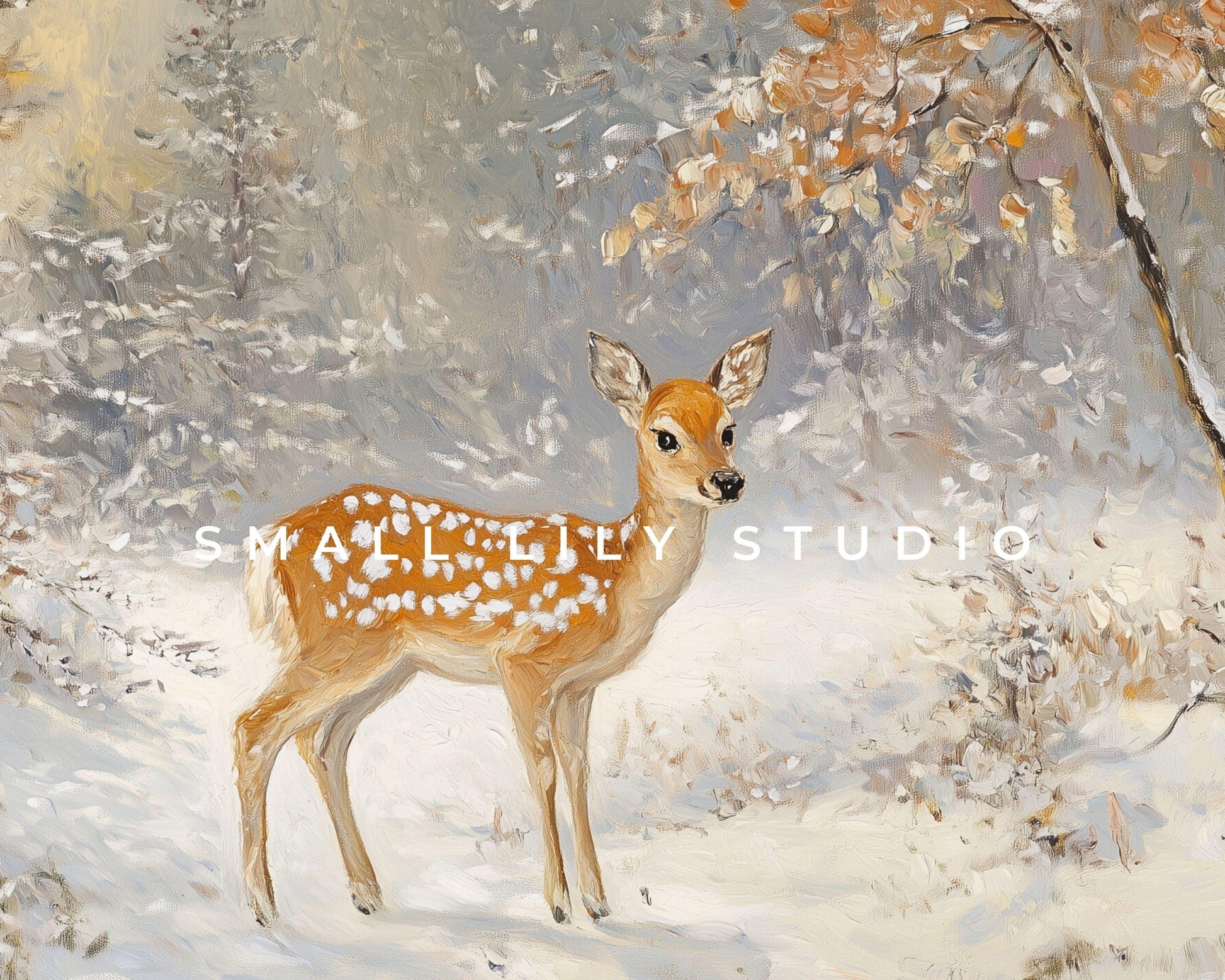 FRAME TV art Baby Deer in Winter Landscape, Neutral Samsung Frame tv art vintage painting style, Cute animal TV screensaver for kids | TV561