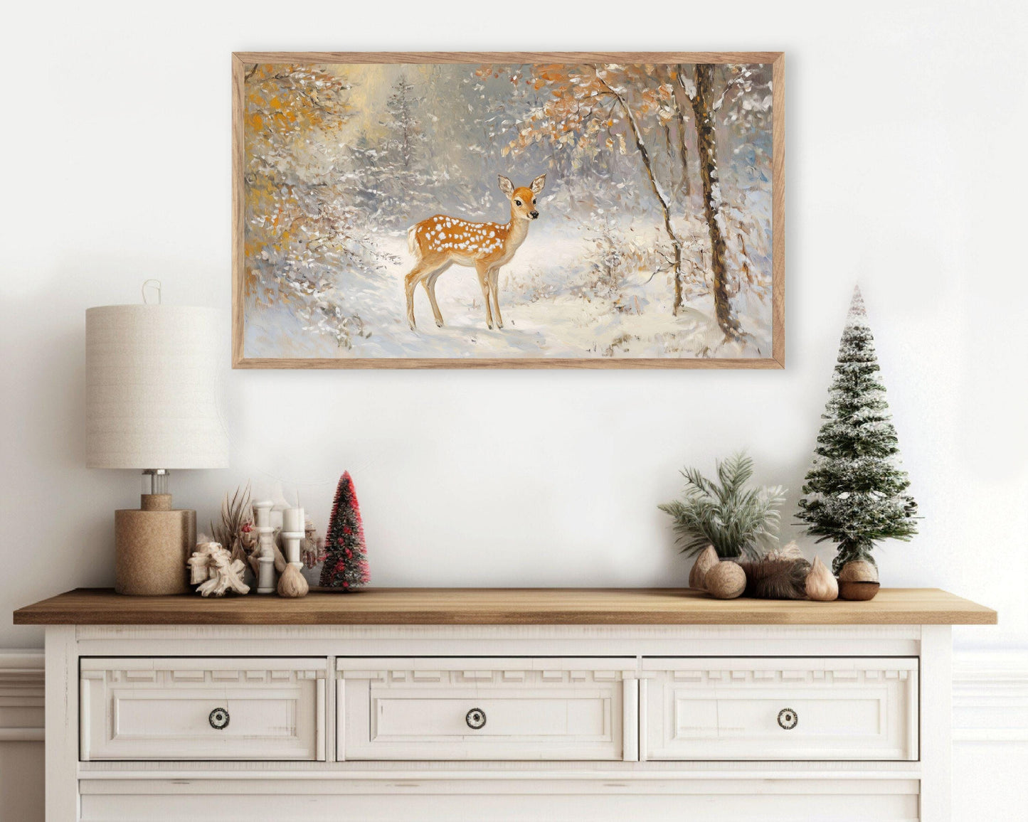 FRAME TV art Baby Deer in Winter Landscape, Neutral Samsung Frame tv art vintage painting style, Cute animal TV screensaver for kids | TV561