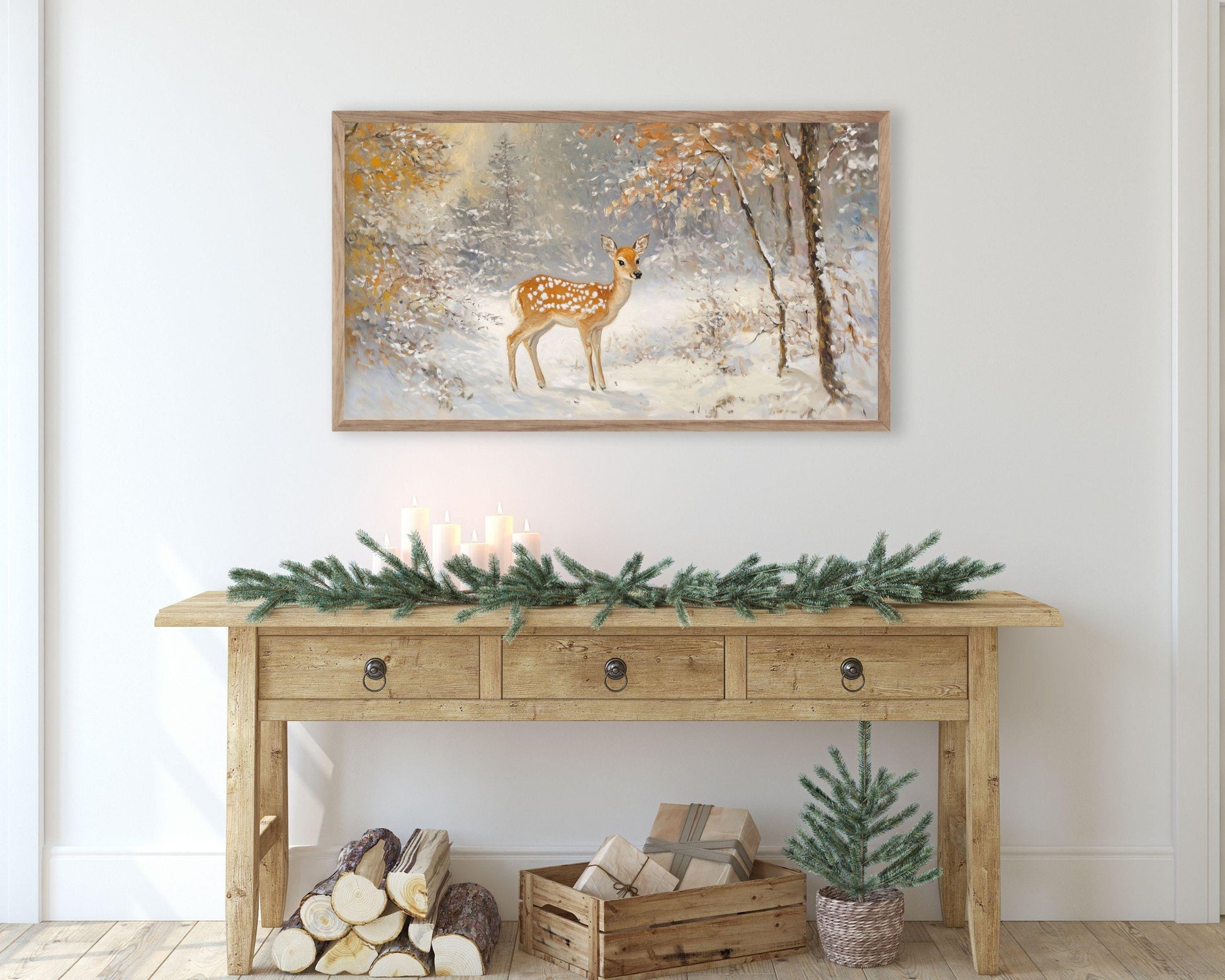 FRAME TV art Baby Deer in Winter Landscape, Neutral Samsung Frame tv art vintage painting style, Cute animal TV screensaver for kids | TV561