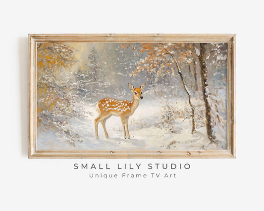 FRAME TV art Baby Deer in Winter Landscape, Neutral Samsung Frame tv art vintage painting style, Cute animal TV screensaver for kids | TV561