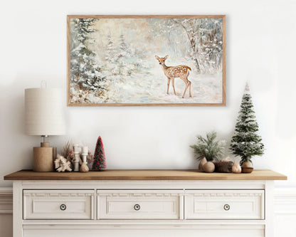 FRAME TV art Baby Deer in Forest, Neutral Winter Samsung Frame tv art vintage painting style, Cute whimsical animal TV art for kids | TV562