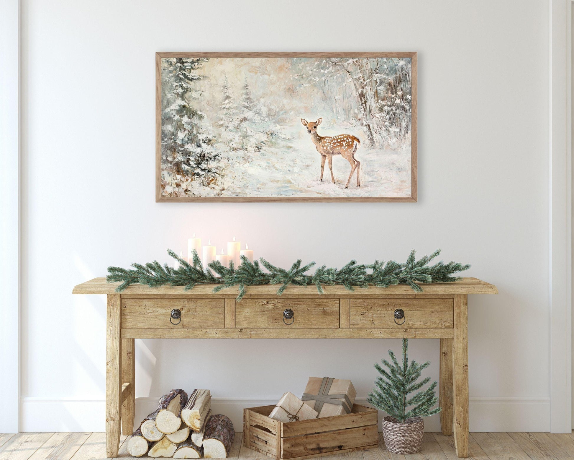 FRAME TV art Baby Deer in Forest, Neutral Winter Samsung Frame tv art vintage painting style, Cute whimsical animal TV art for kids | TV562