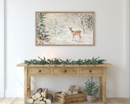 FRAME TV art Baby Deer in Forest, Neutral Winter Samsung Frame tv art vintage painting style, Cute whimsical animal TV art for kids | TV562