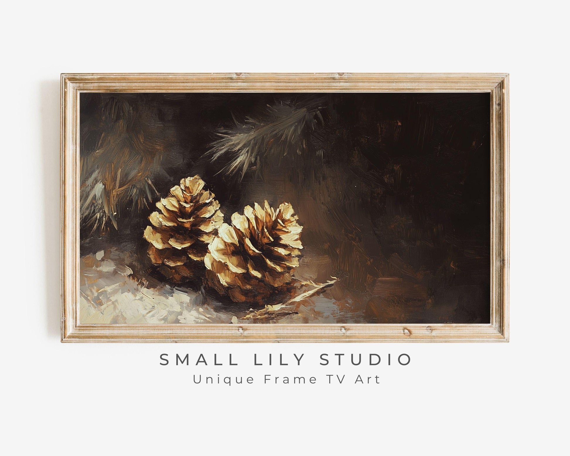 FRAME TV art Minimalist Pinecones, Winter Samsung Frame TV art, Farmhouse Botanical vintage style painting neutral moody brown | TV574