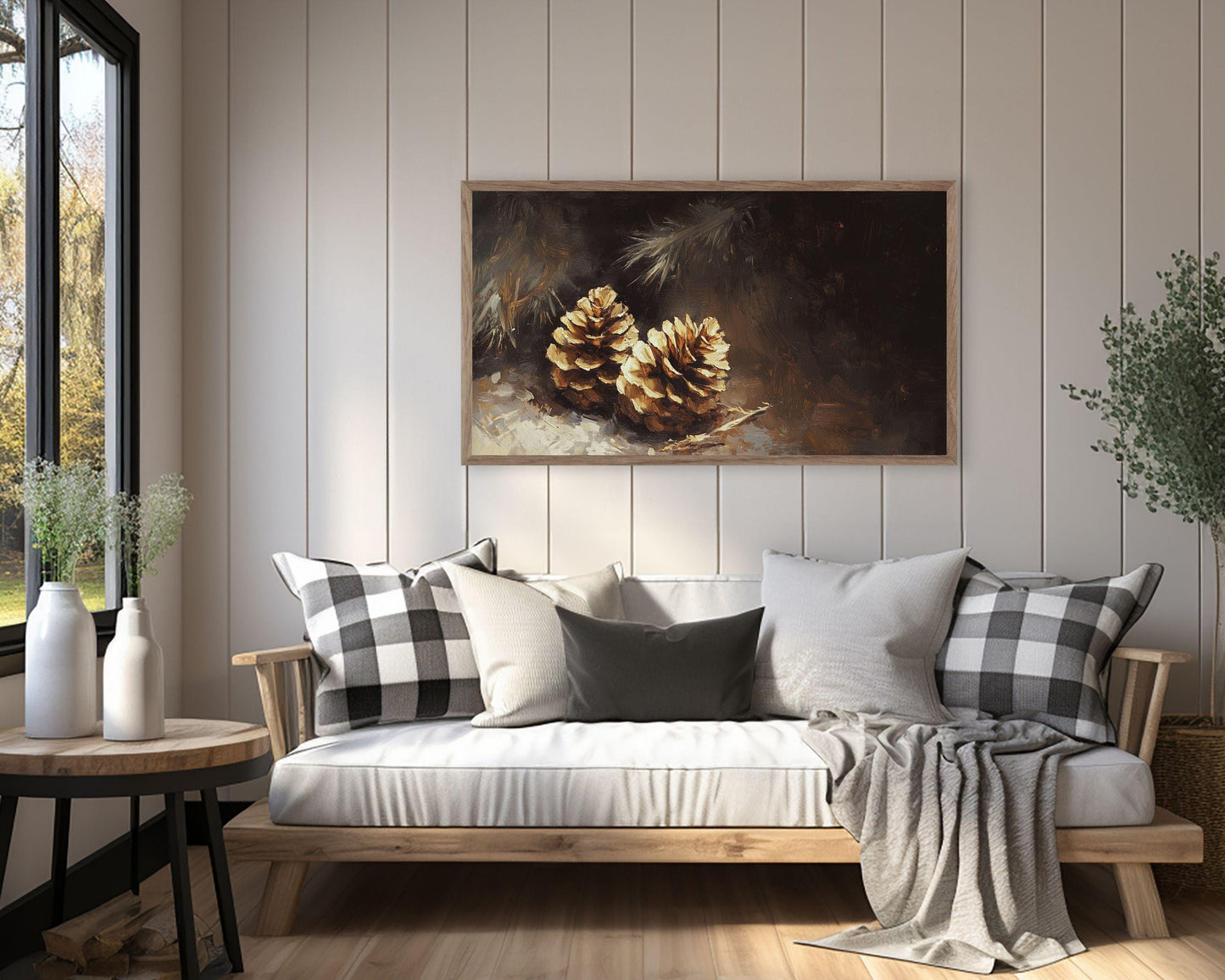 FRAME TV art Minimalist Pinecones, Winter Samsung Frame TV art, Farmhouse Botanical vintage style painting neutral moody brown | TV574