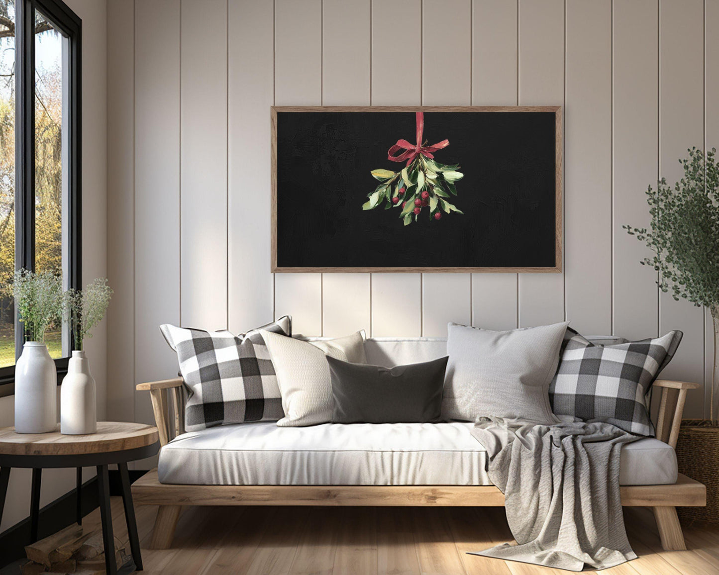 Christmas Mistletoe with Burgundy Bow Frame TV Art