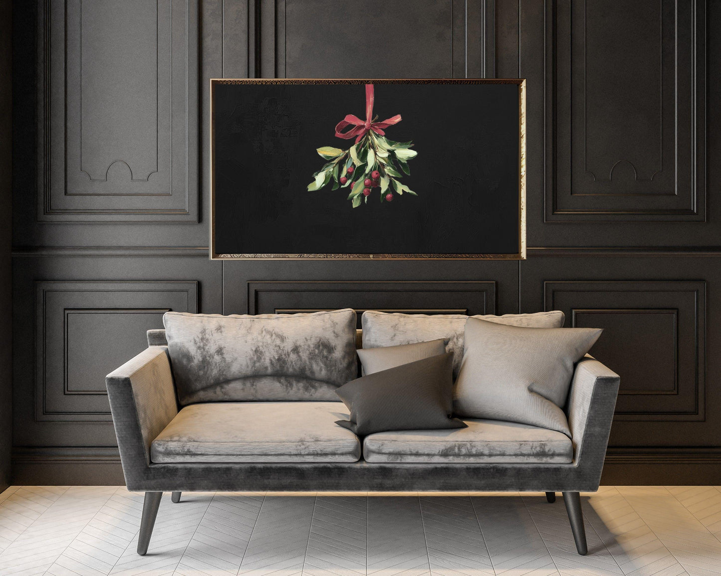 Christmas Mistletoe with Burgundy Bow Frame TV Art