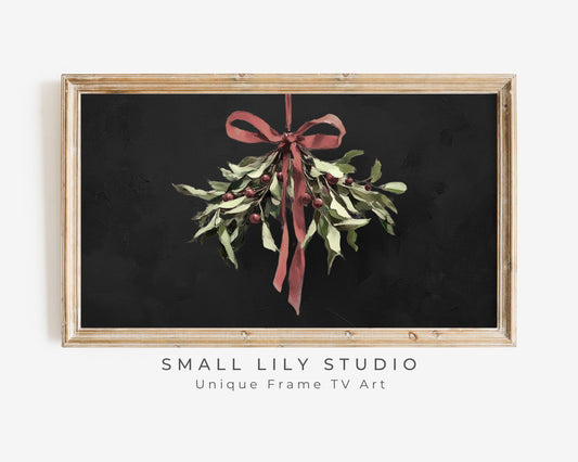 Christmas Mistletoe with Burgundy Bow Frame TV Art
