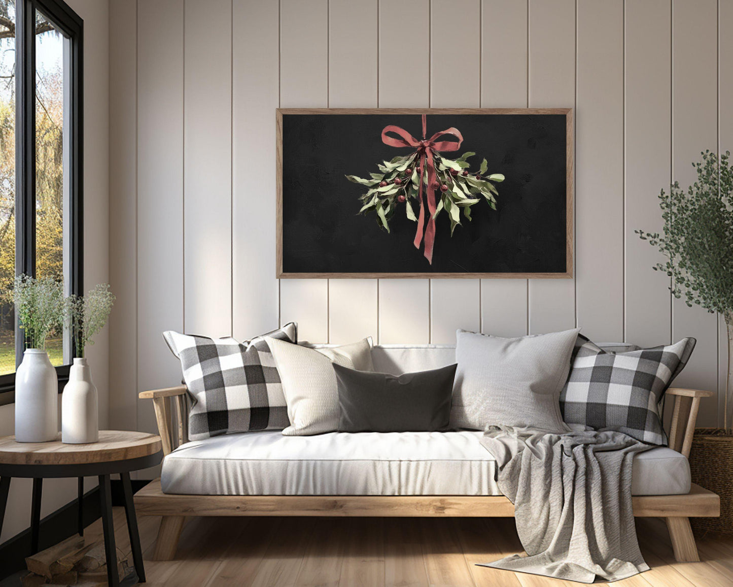 Christmas Mistletoe with Burgundy Bow Frame TV Art