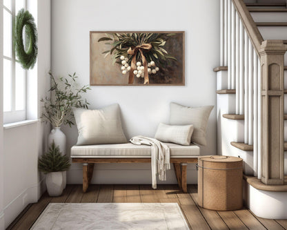 FRAME TV art Winter Botanical BUNDLE, Samsung Frame Tv art Mistletoe Pinecones, Neutral farmhouse Christmas tv pictures brown white | TV583