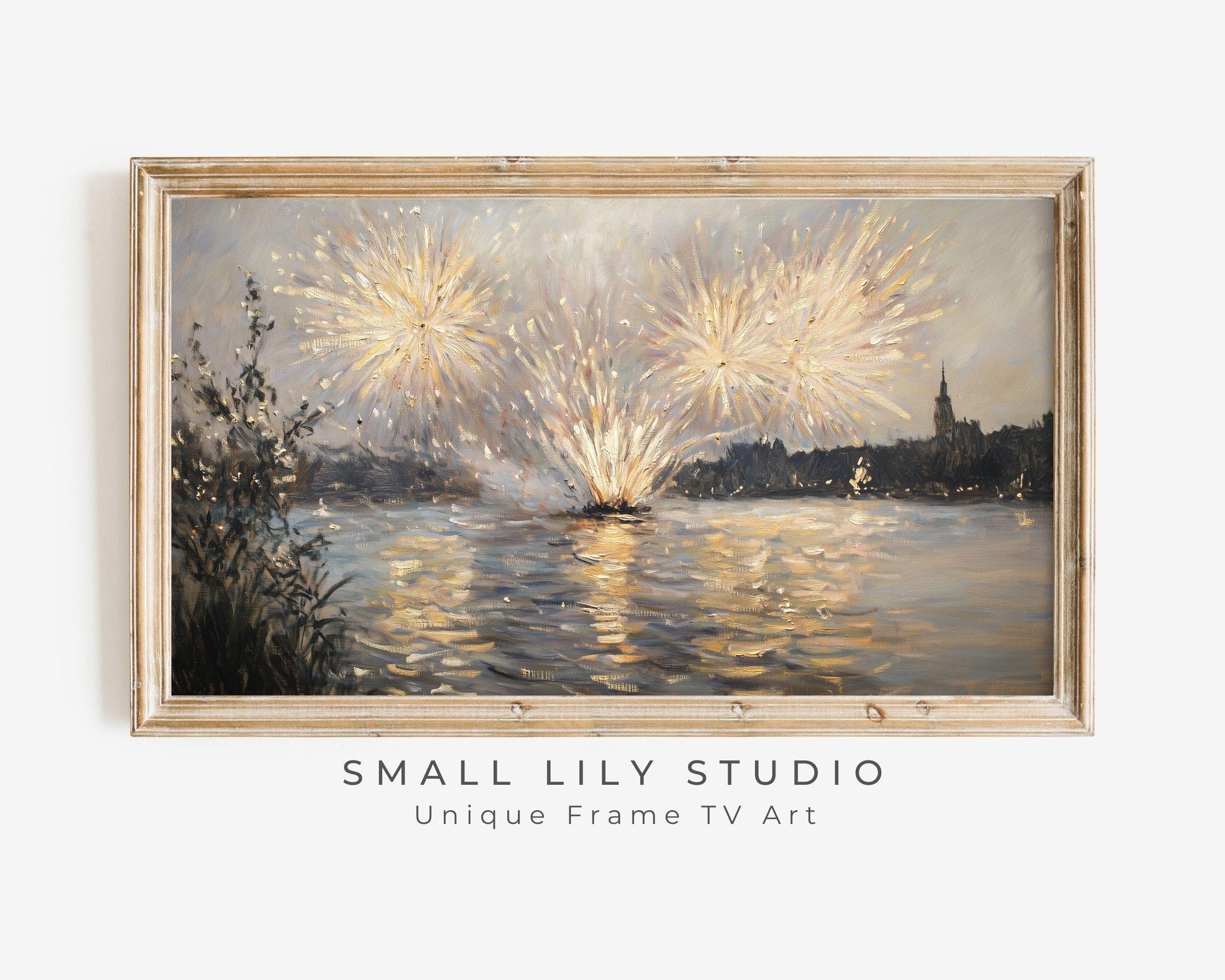 FRAME TV art Fireworks Vintage Style Painting, New Years Eve Celebration tv picture, Samsung Frame tv art NYE screensaver wallpaper | TV578