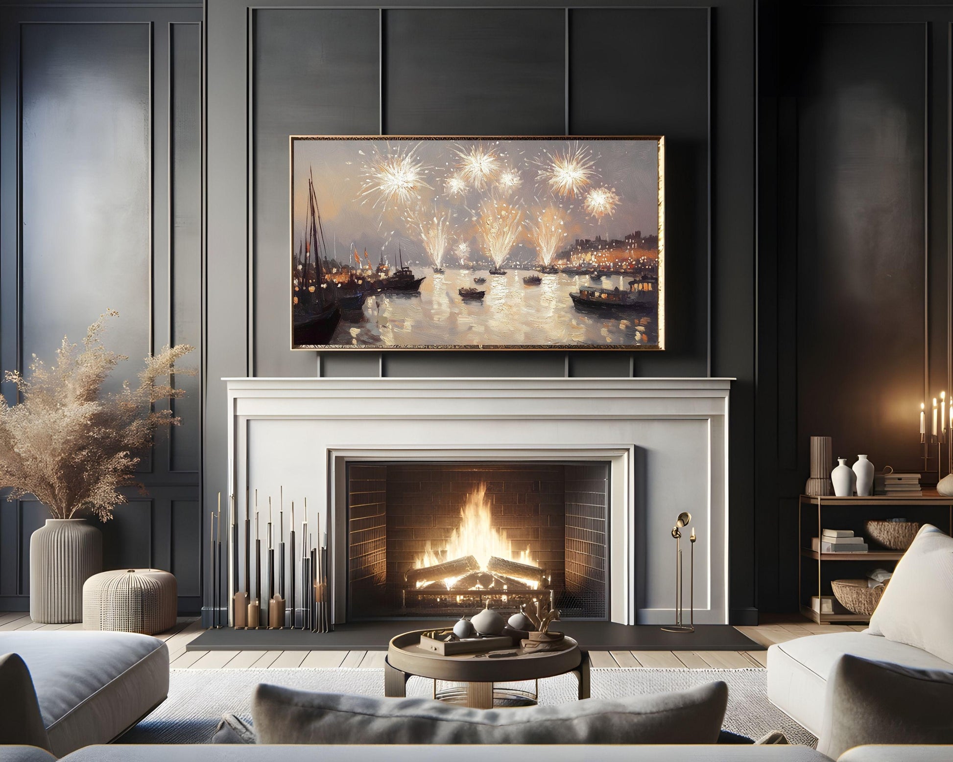 NYE Fireworks over Water Frame TV Art