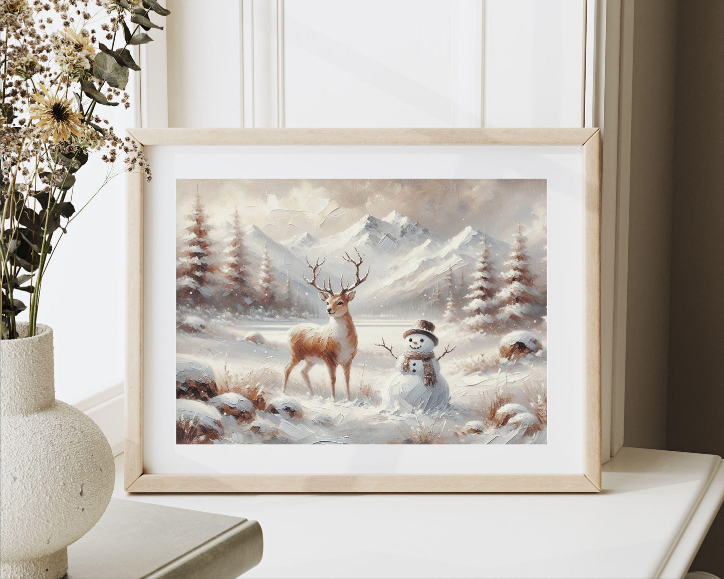 PRINTABLE Deer and Snowman Print, Cute Christmas Wall Art for Kids Room, Neutral Festive Winter Landscape Painting Whimsical Picture | P107