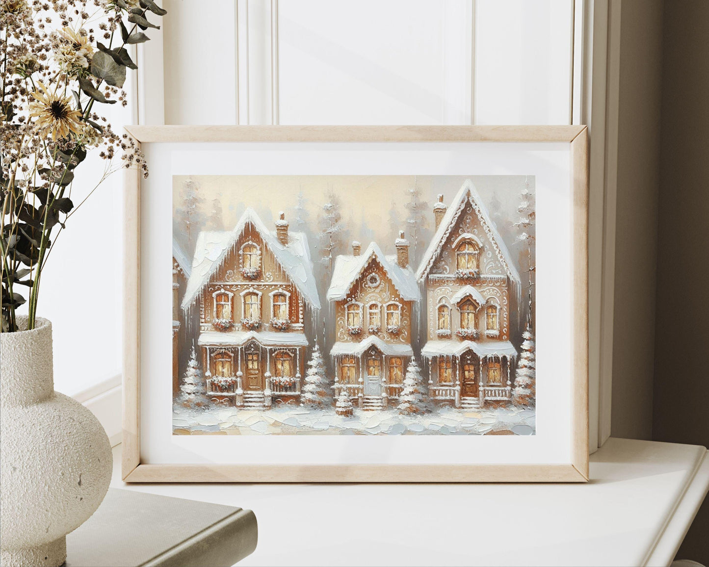 PRINTABLE Gingerbread Houses Print, Cute Christmas Wall Art for Kids Room, Neutral Festive Winter Painting Whimsical Picture Download | P108