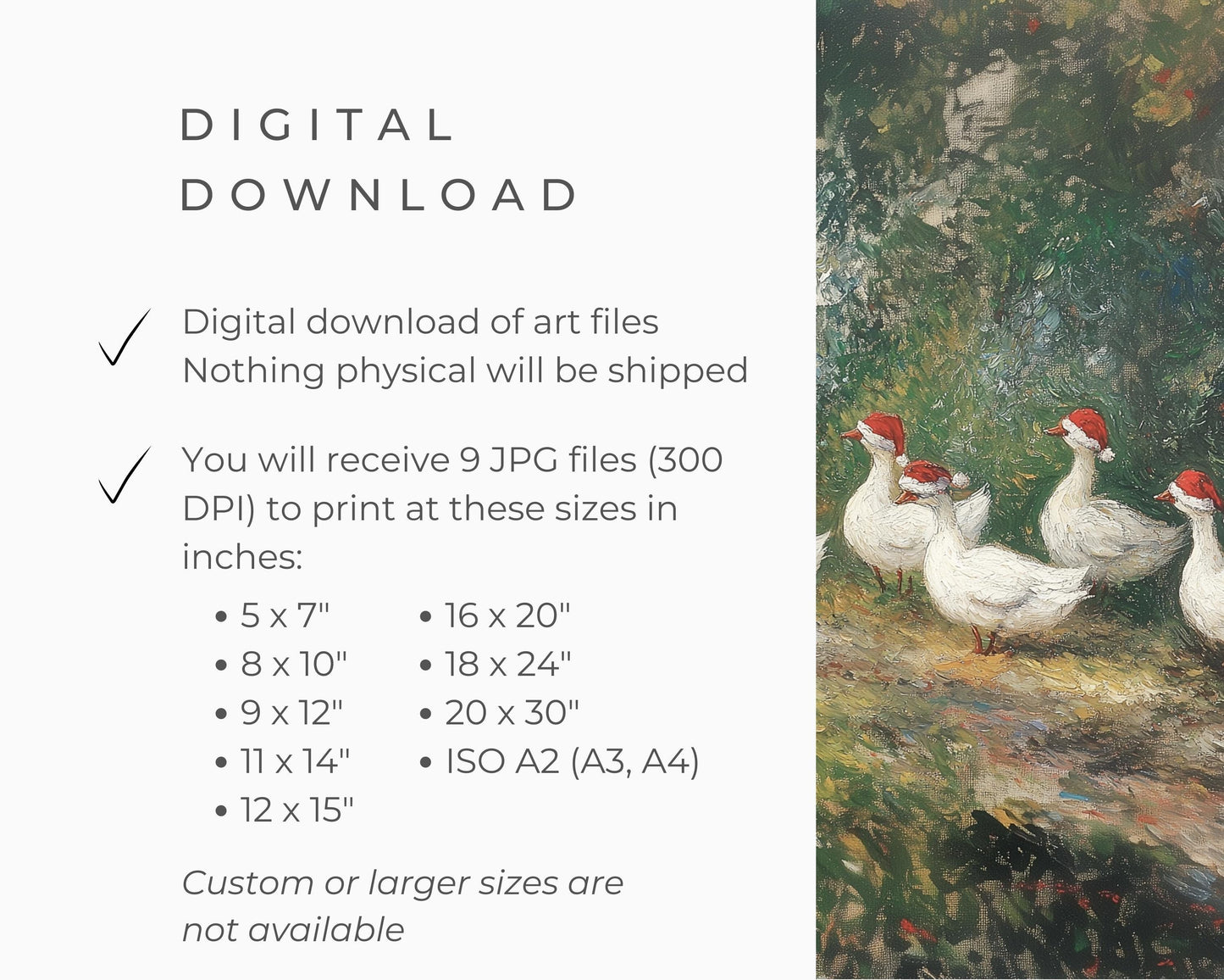 PRINTABLE Geese in Santa Hats Print, Farmhouse Christmas Holidays Printable Wall Art, Cute Farm Animals Vintage Style Painting Birds | P117