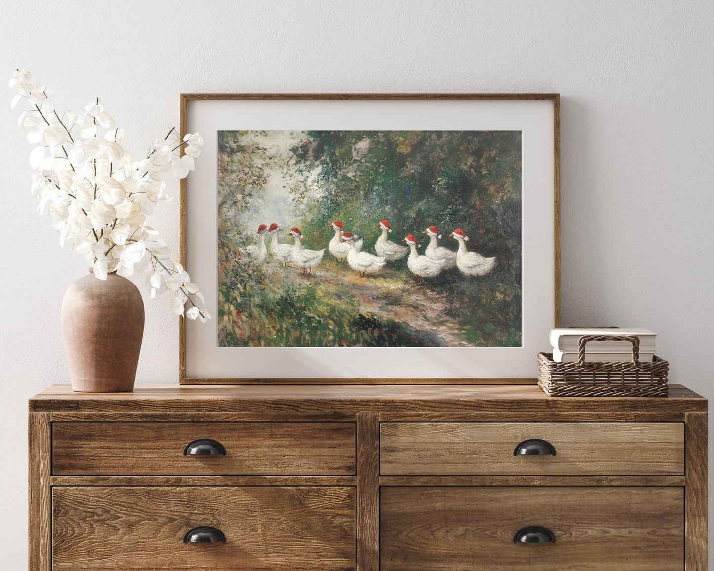 PRINTABLE Geese in Santa Hats Print, Farmhouse Christmas Holidays Printable Wall Art, Cute Farm Animals Vintage Style Painting Birds | P117