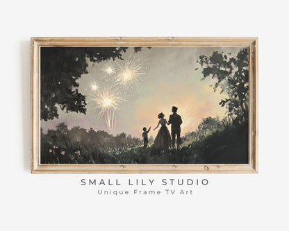 FRAME TV art Family Watching NYE Fireworks, New Years Eve Celebration Tv Screensaver, Samsung Frame Tv art vintage style painting | TV567