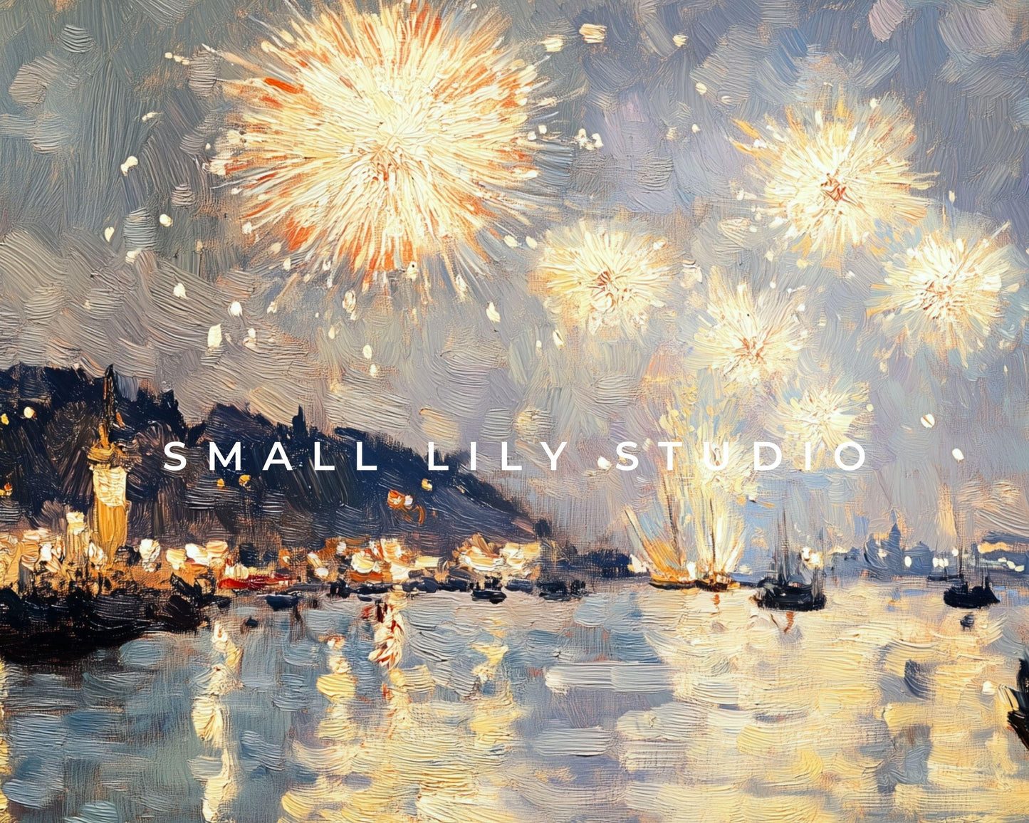 FRAME TV art NYE Fireworks over Harbor, New Years Eve Celebration Tv Screensaver, Samsung Frame Tv art vintage style painting | TV568