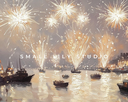 FRAME TV art NYE Fireworks over Water, New Years Eve Celebration Tv Screensaver, Samsung Frame Tv art vintage style painting pink | TV569