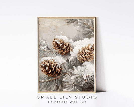 PRINTABLE Pinecones Print, Vintage Style Vertical Wall Art Tree Branch in Snow, Neutral Winter Painting Organic Farmhouse Home Decor | P110