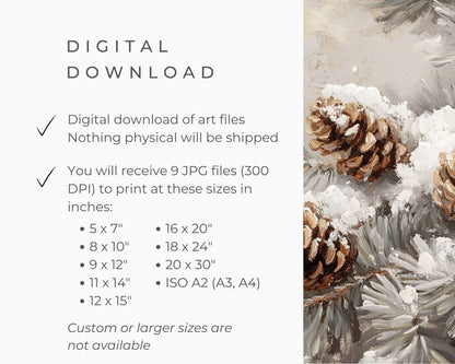 PRINTABLE Pinecones Print, Vintage Style Vertical Wall Art Tree Branch in Snow, Neutral Winter Painting Organic Farmhouse Home Decor | P110