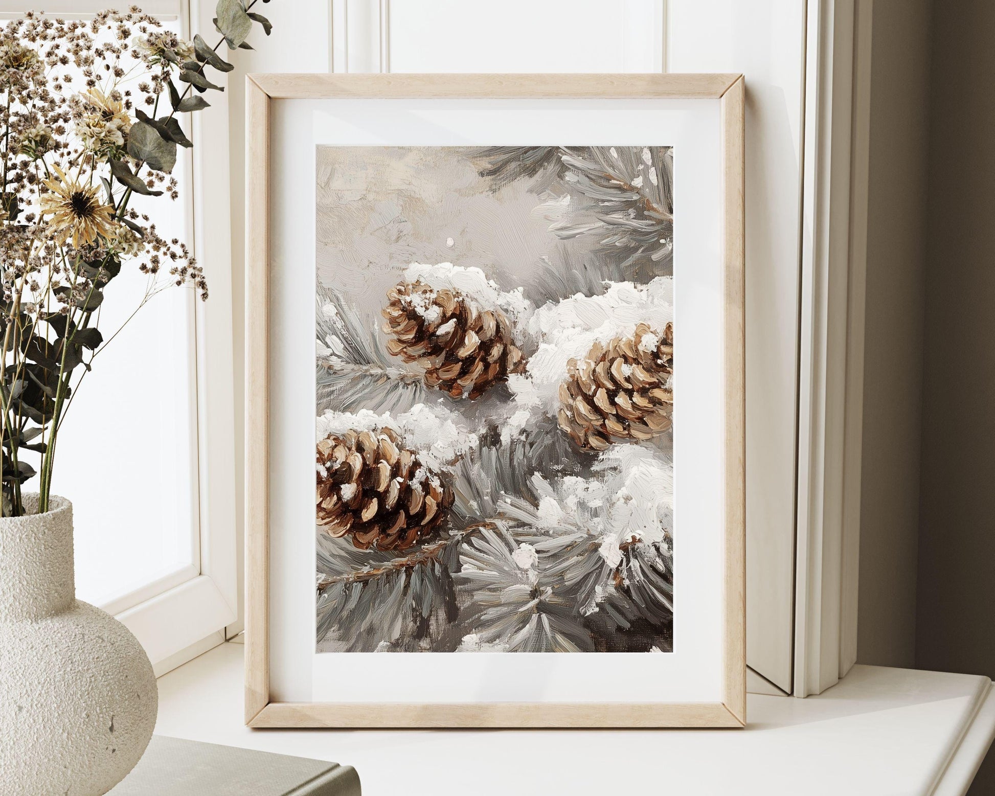 PRINTABLE Pinecones Print, Vintage Style Vertical Wall Art Tree Branch in Snow, Neutral Winter Painting Organic Farmhouse Home Decor | P110