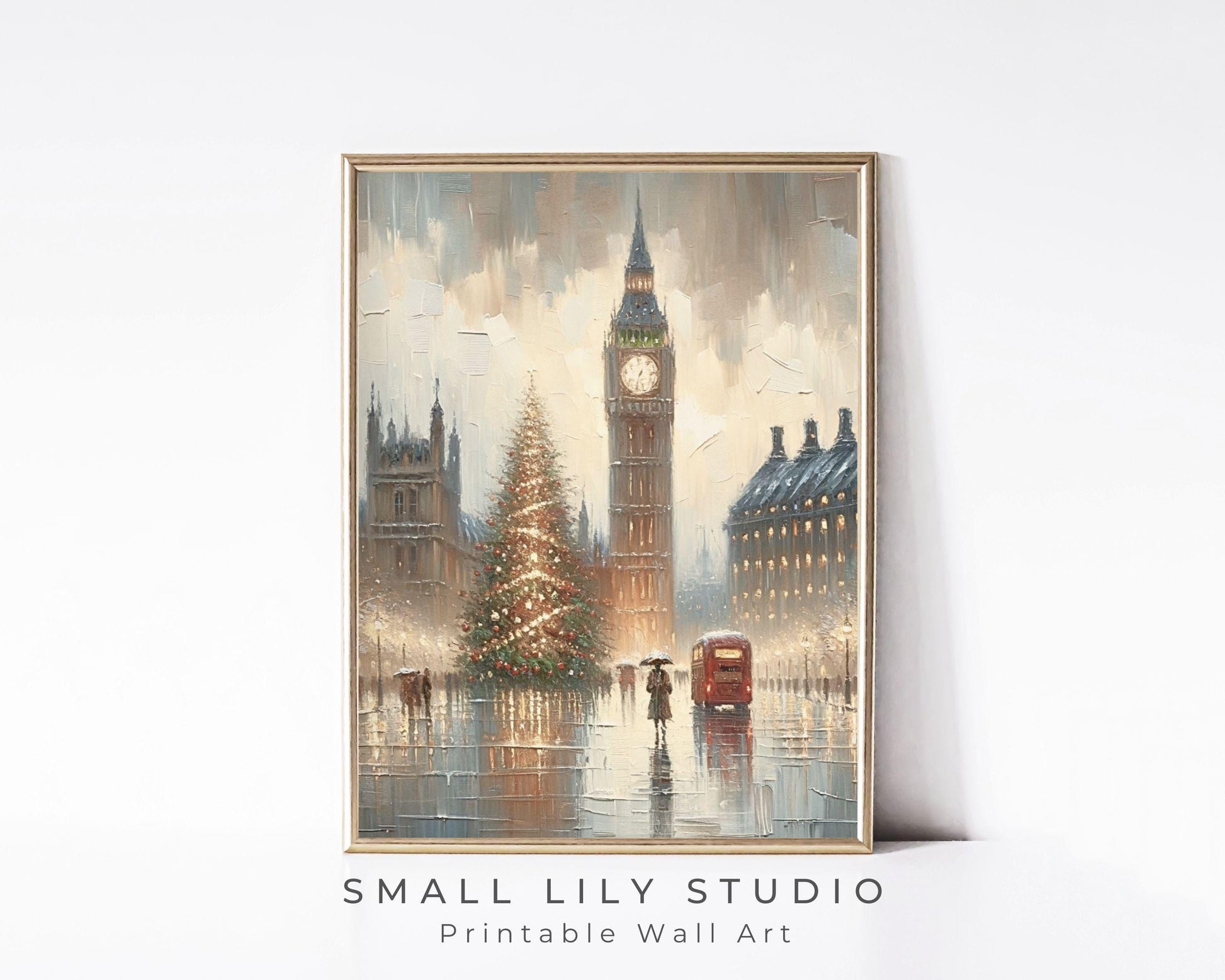 PRINTABLE London Christmas Print, Vintage Style Xmas Vertical Wall Art City in the Rain, Warm neutral painting textured streetscape | P111