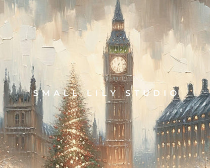 PRINTABLE London Christmas Print, Vintage Style Xmas Vertical Wall Art City in the Rain, Warm neutral painting textured streetscape | P111