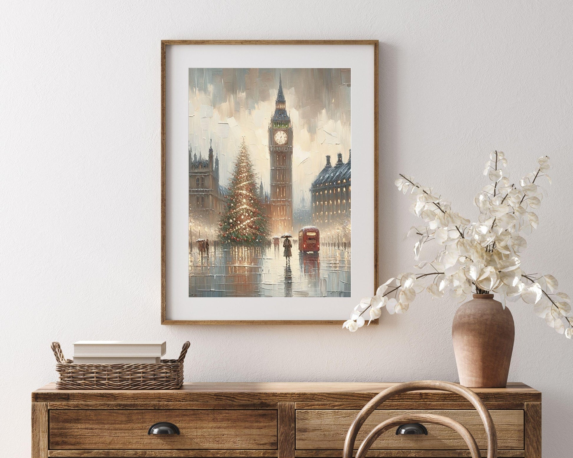 PRINTABLE London Christmas Print, Vintage Style Xmas Vertical Wall Art City in the Rain, Warm neutral painting textured streetscape | P111