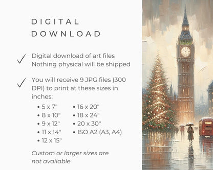 PRINTABLE London Christmas Print, Vintage Style Xmas Vertical Wall Art City in the Rain, Warm neutral painting textured streetscape | P111