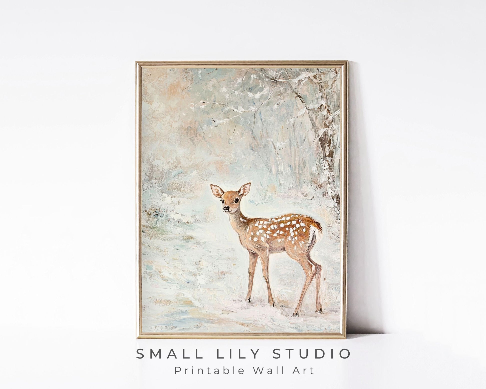 PRINTABLE Deer in Winter Landscape Print, Cute Holidays Wall Art for Kids Room, Neutral Christmas Painting Whimsical Vertical Print | P112