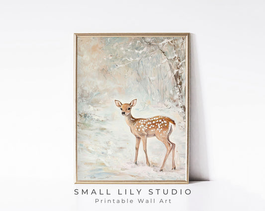 PRINTABLE Deer in Winter Landscape Print, Cute Holidays Wall Art for Kids Room, Neutral Christmas Painting Whimsical Vertical Print | P112