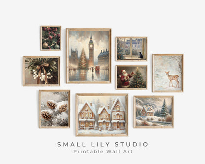 PRINTABLE Christmas Prints Gallery Set, Vintage Style Christmas Wall Art, Farmhouse Winter Holiday Paintings Santa Gingerbread House | P115