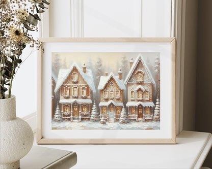 PRINTABLE Christmas Prints Gallery Set, Vintage Style Christmas Wall Art, Farmhouse Winter Holiday Paintings Santa Gingerbread House | P115