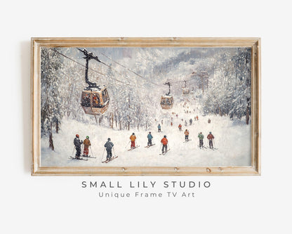 FRAME TV art Gondolas on Ski Slopes, Samsung Frame tv art Colorful Skiers, Winter Holidays in Snowy Mountains vintage style painting | TV586