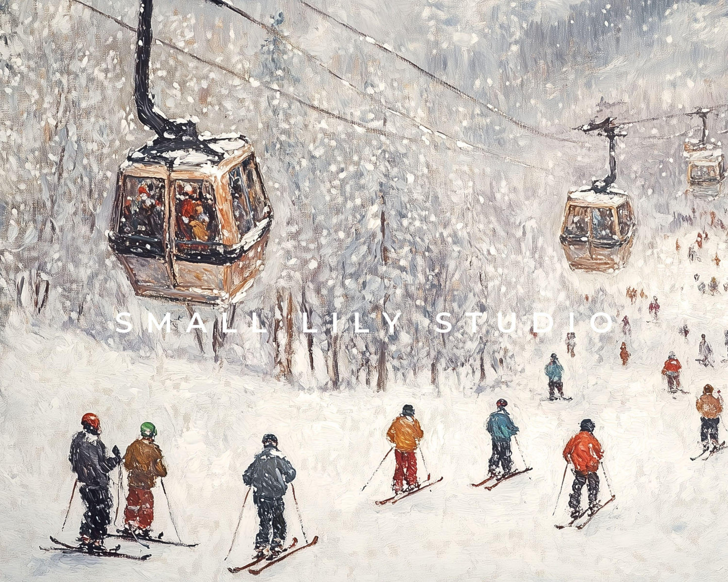 FRAME TV art Gondolas on Ski Slopes, Samsung Frame tv art Colorful Skiers, Winter Holidays in Snowy Mountains vintage style painting | TV586